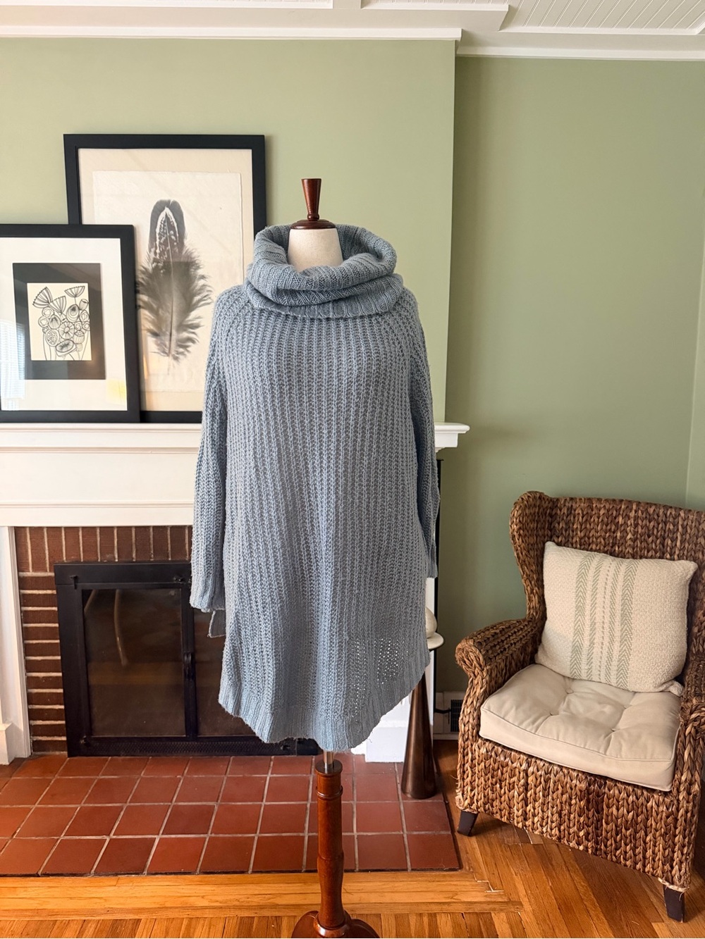 Dusty Blue Cotton Blend Openwork Oversized Turtleneck Sweater - Size 3X